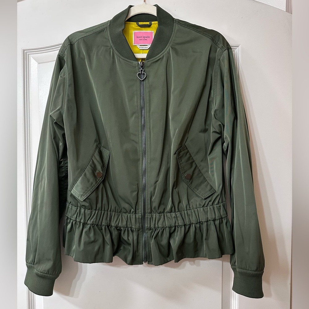 kate spade Green Bomber Jacket with Ruffled Peplum Hem
